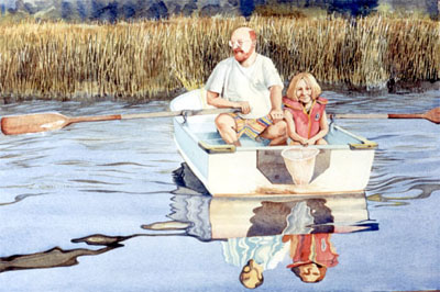 Watercolour of Artist and daughter, boating on Duck Bay, part of Georgian Bay