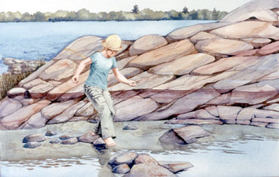 Watercolour , figure on rocky island, Georgian Bay