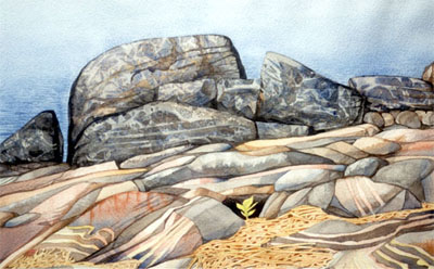 Watercolour of rocky shoreline, Georgian Bay